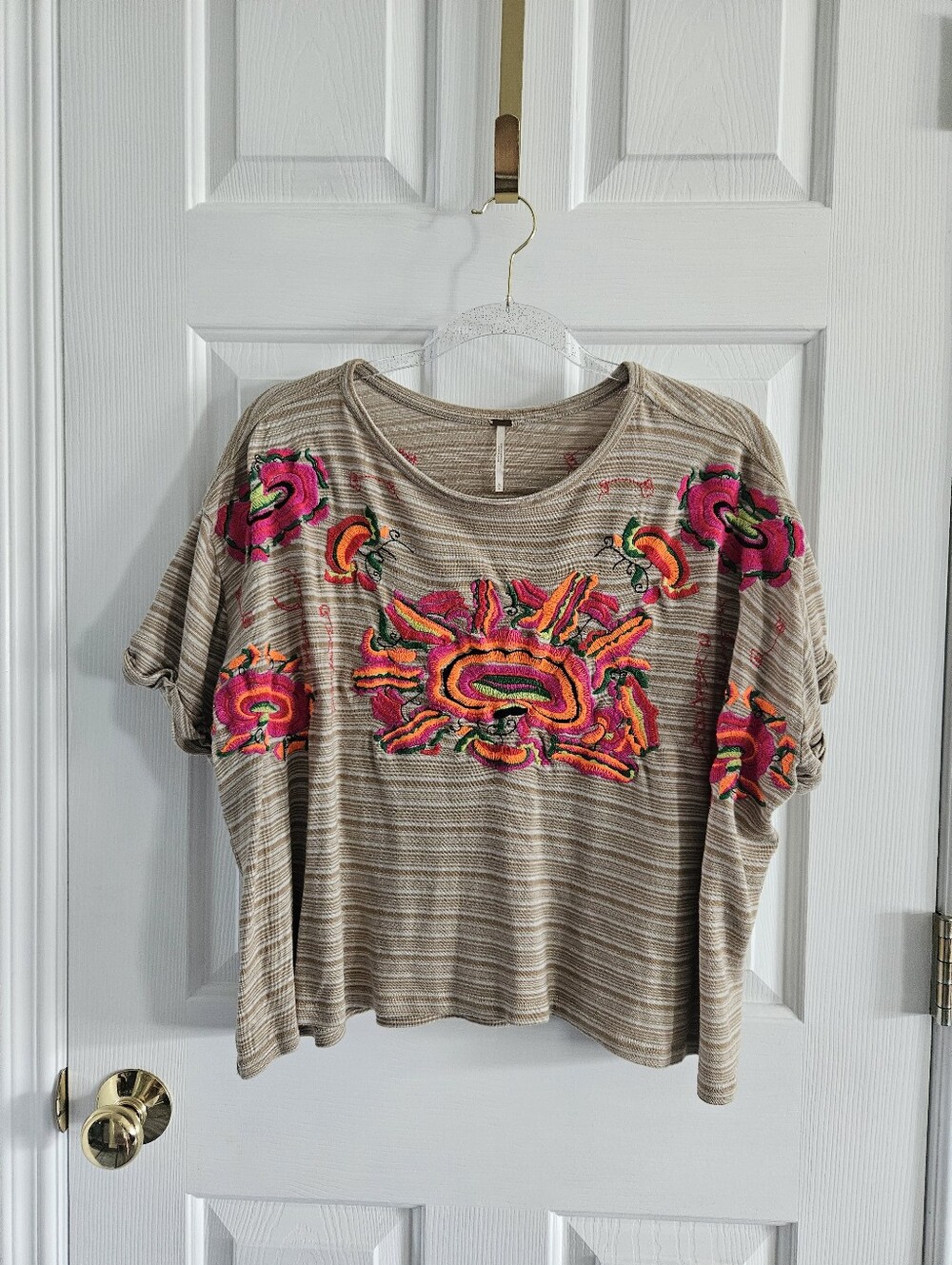 NWOT Free People Catalunya Striped Knit Tee With Embroidered Floral Mushrooms